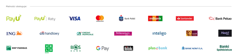 Metody płatności: PayU, PayU Raty, Visa, Mastercard, BLIK, Google Pay i banki